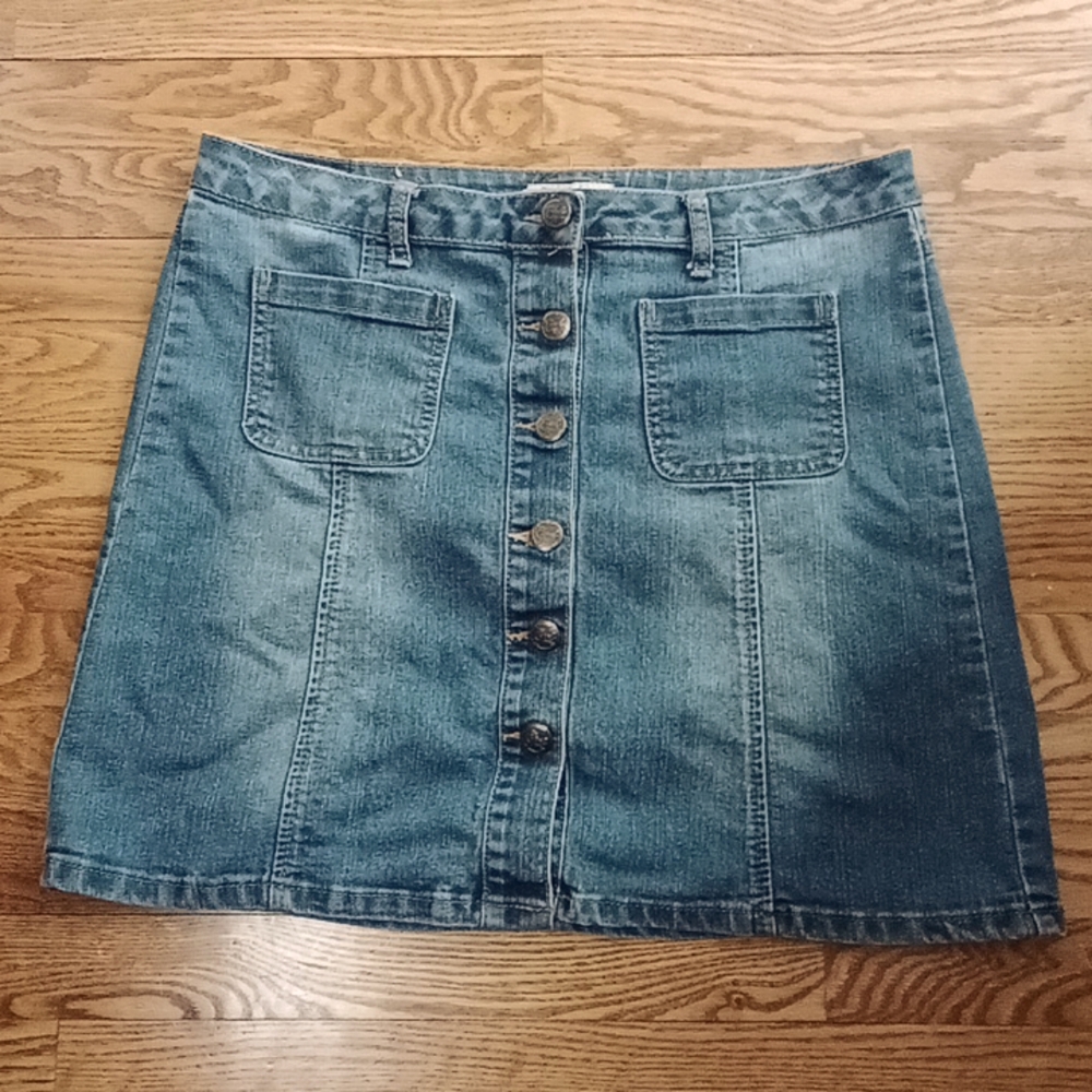 Denim Button-Front A-Line Skirt - Blue